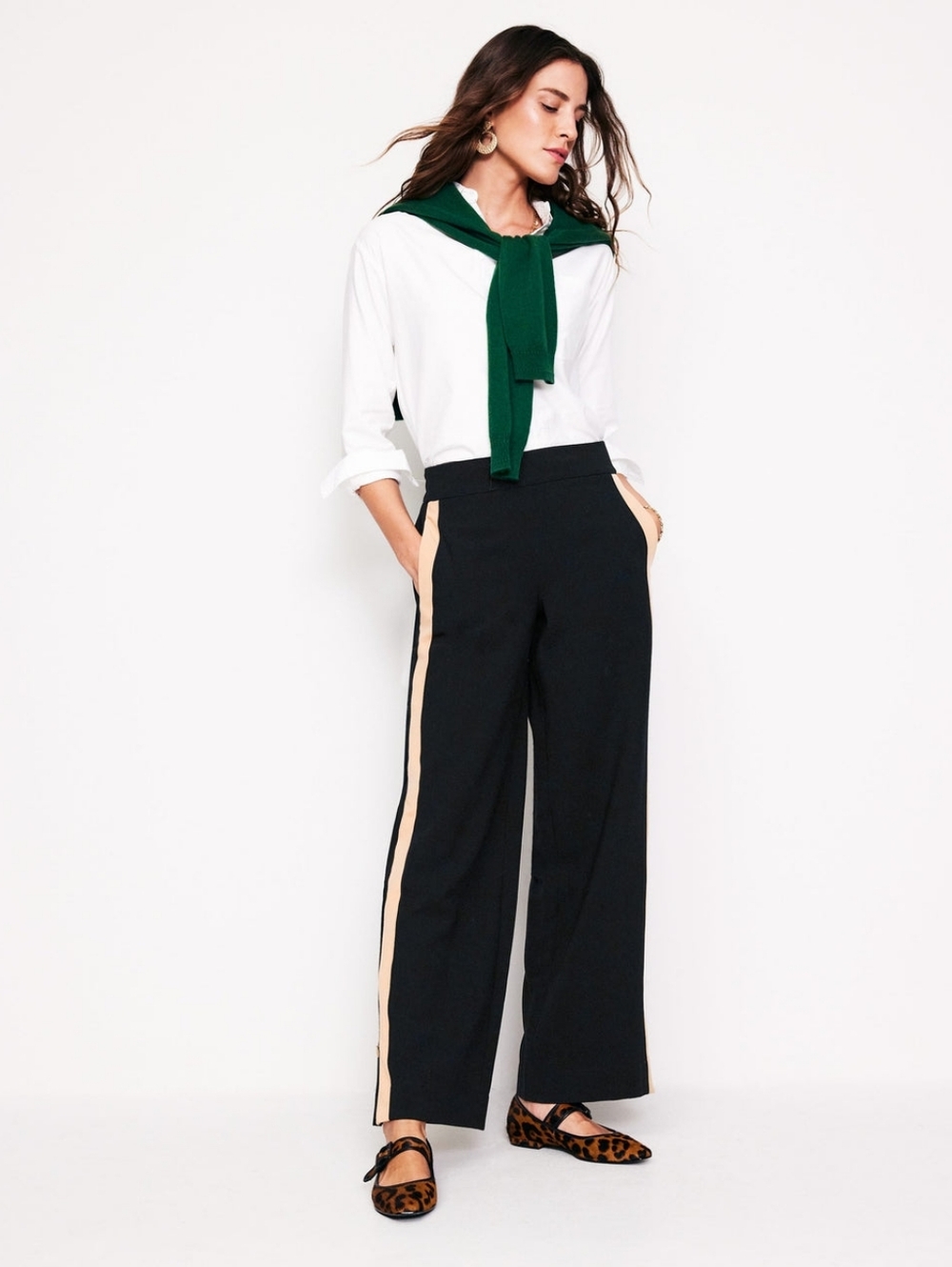 Boden Side Stripe Wide Leg Pull On Pants Black/Camel Tan Women's 8R